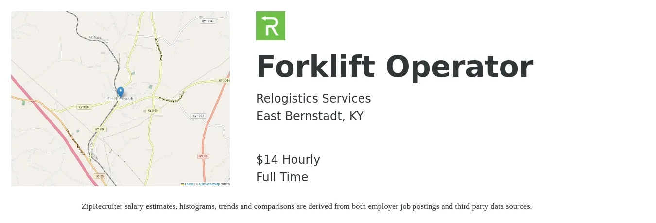 Relogistics Services job posting for a Forklift Operator in East Bernstadt, KY with a salary of $16 Hourly with a map of East Bernstadt location.