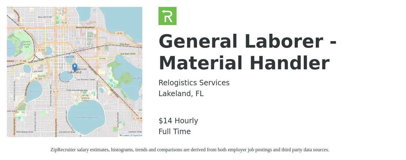 Relogistics Services job posting for a General Laborer - Material Handler in Lakeland, FL with a salary of $16 Hourly with a map of Lakeland location.