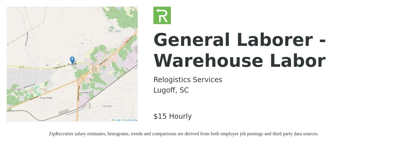 Relogistics Services job posting for a General Laborer - Warehouse Labor in Lugoff, SC with a salary of $16 Hourly with a map of Lugoff location.