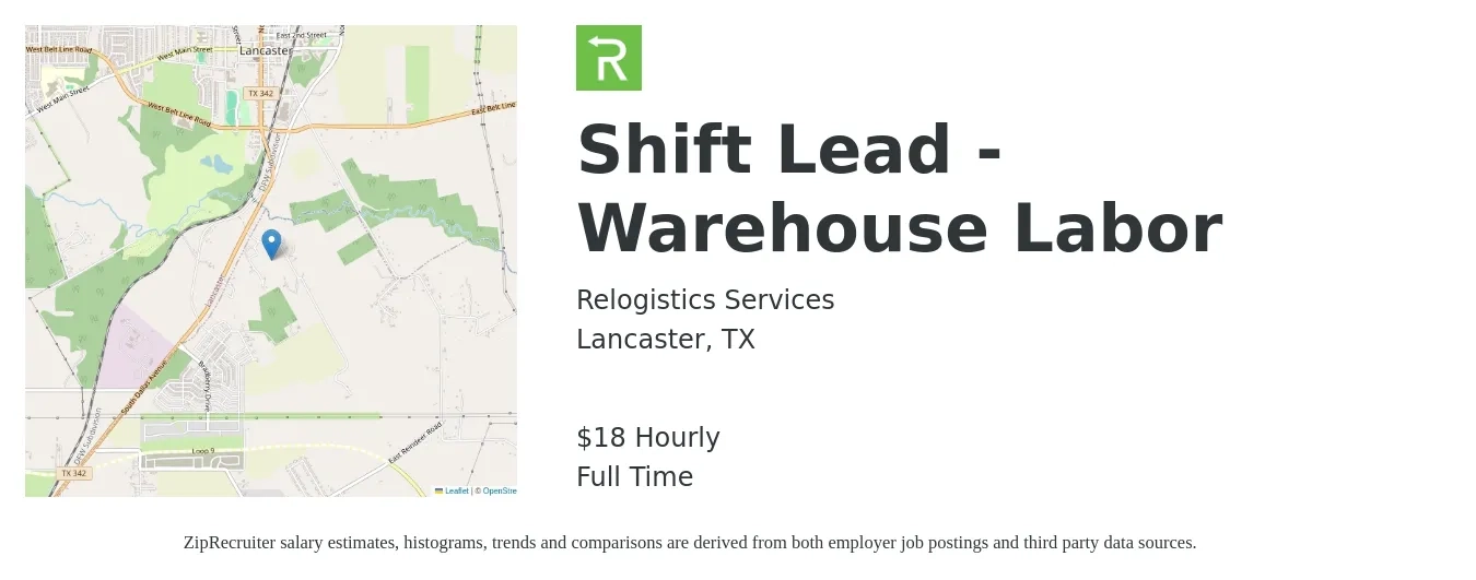 Relogistics Services job posting for a Shift Lead - Warehouse Labor in Lancaster, TX with a salary of $20 Hourly with a map of Lancaster location.