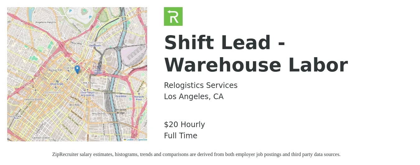 Relogistics Services job posting for a Shift Lead - Warehouse Labor in Los Angeles, CA with a salary of $21 Hourly with a map of Los Angeles location.