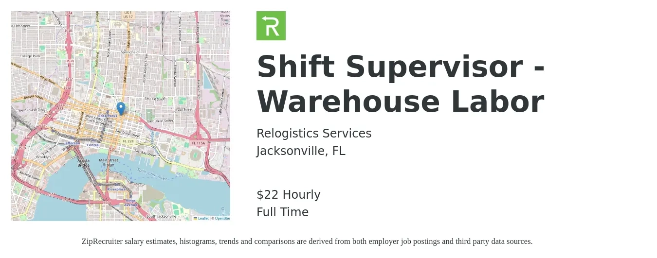 Relogistics Services job posting for a Shift Supervisor - Warehouse Labor in Jacksonville, FL with a salary of $23 Hourly with a map of Jacksonville location.