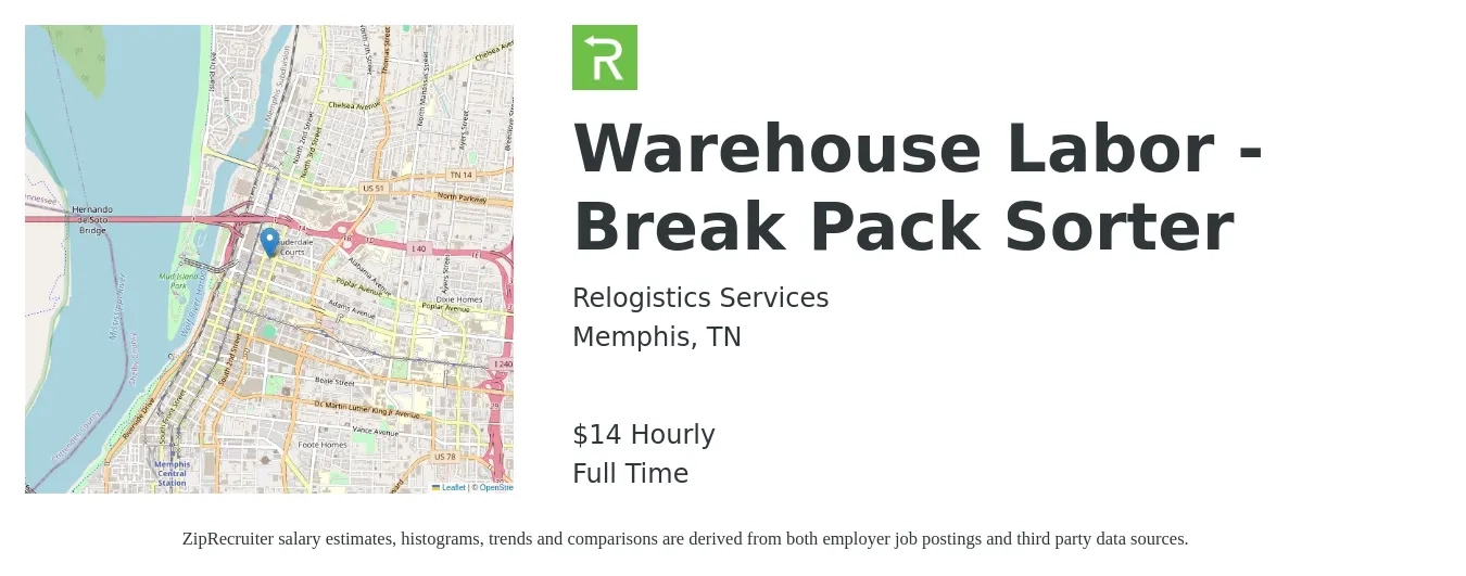 Relogistics Services job posting for a Warehouse Labor - Break Pack Sorter in Memphis, TN with a salary of $15 Hourly with a map of Memphis location.