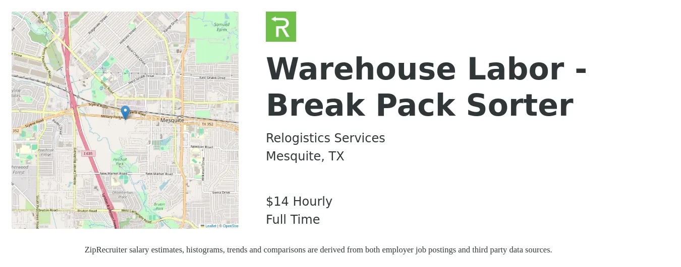 Relogistics Services job posting for a Warehouse Labor - Break Pack Sorter in Mesquite, TX with a salary of $16 Hourly with a map of Mesquite location.