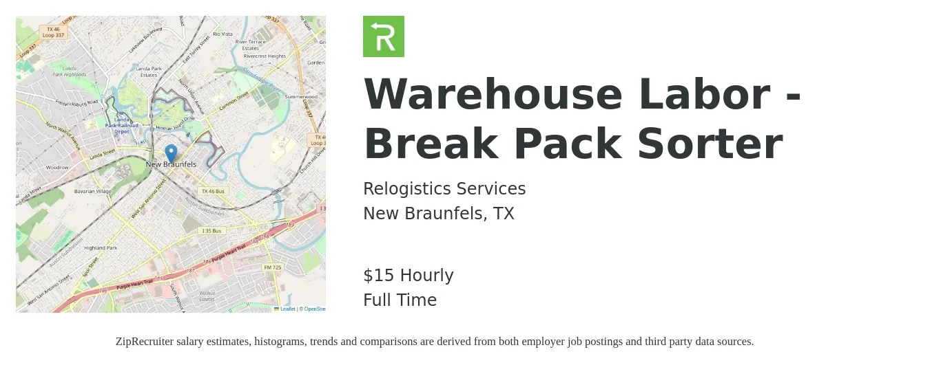 Relogistics Services job posting for a Warehouse Labor - Break Pack Sorter in New Braunfels, TX with a salary of $16 Hourly with a map of New Braunfels location.