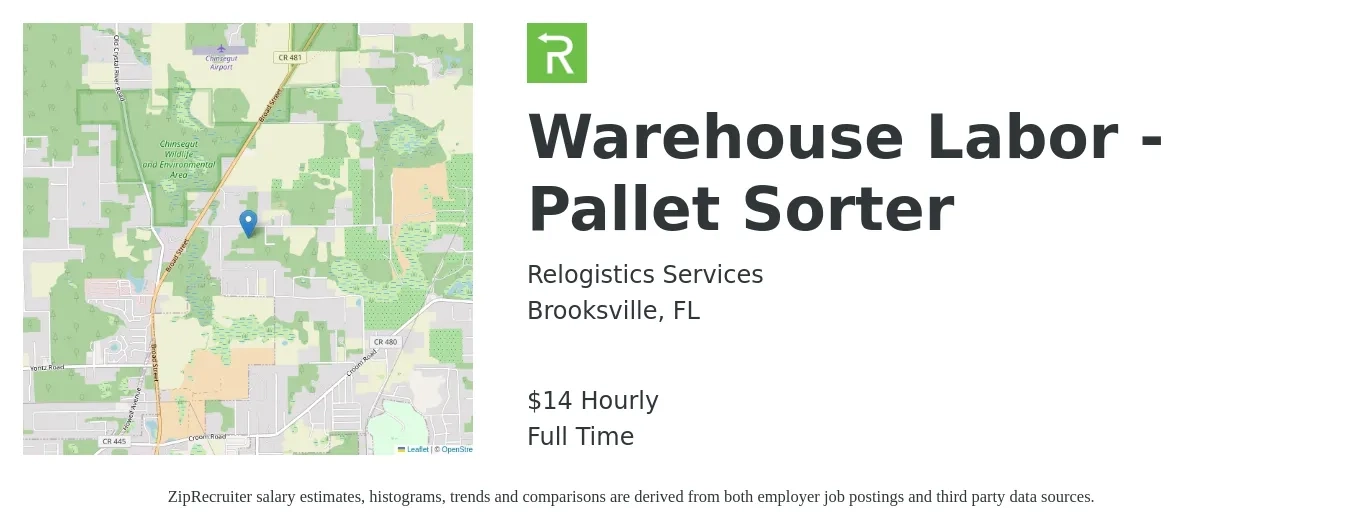 Relogistics Services job posting for a Warehouse Labor - Pallet Sorter in Brooksville, FL with a salary of $15 Hourly with a map of Brooksville location.