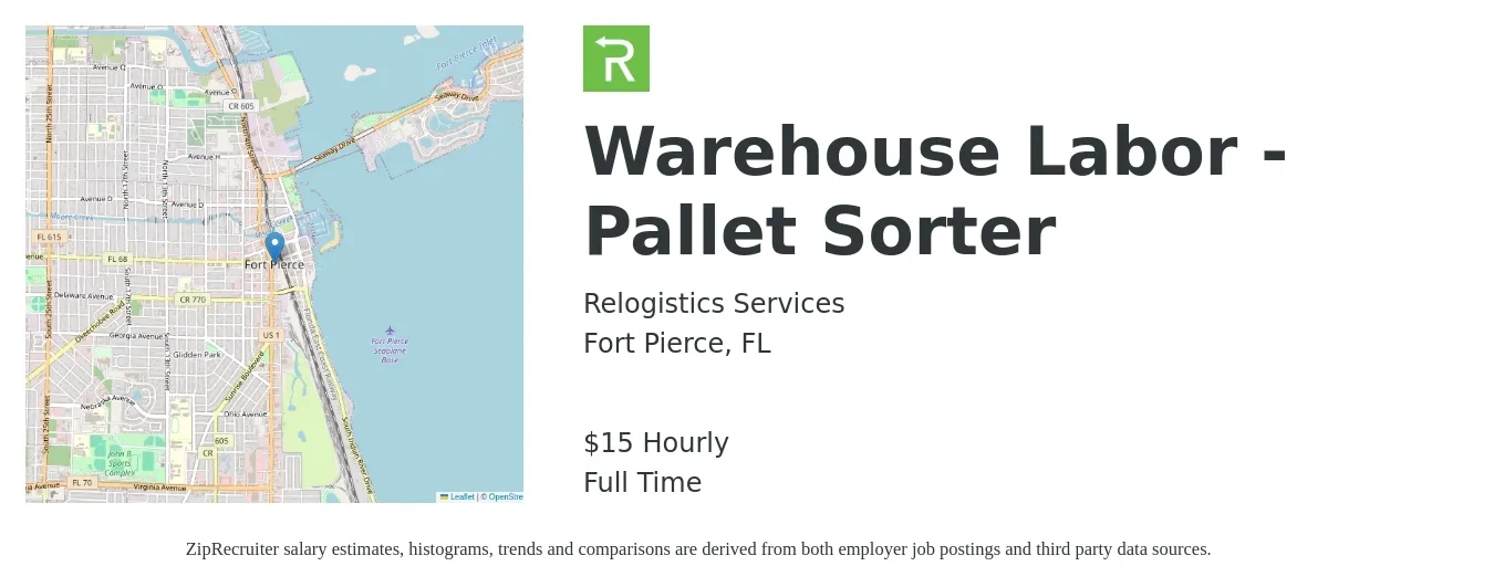 Relogistics Services job posting for a Warehouse Labor - Pallet Sorter in Fort Pierce, FL with a salary of $16 Hourly with a map of Fort Pierce location.