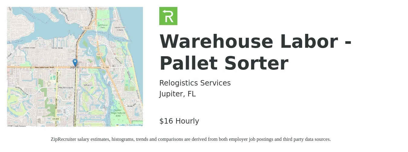 Relogistics Services job posting for a Warehouse Labor - Pallet Sorter in Jupiter, FL with a salary of $18 Hourly with a map of Jupiter location.