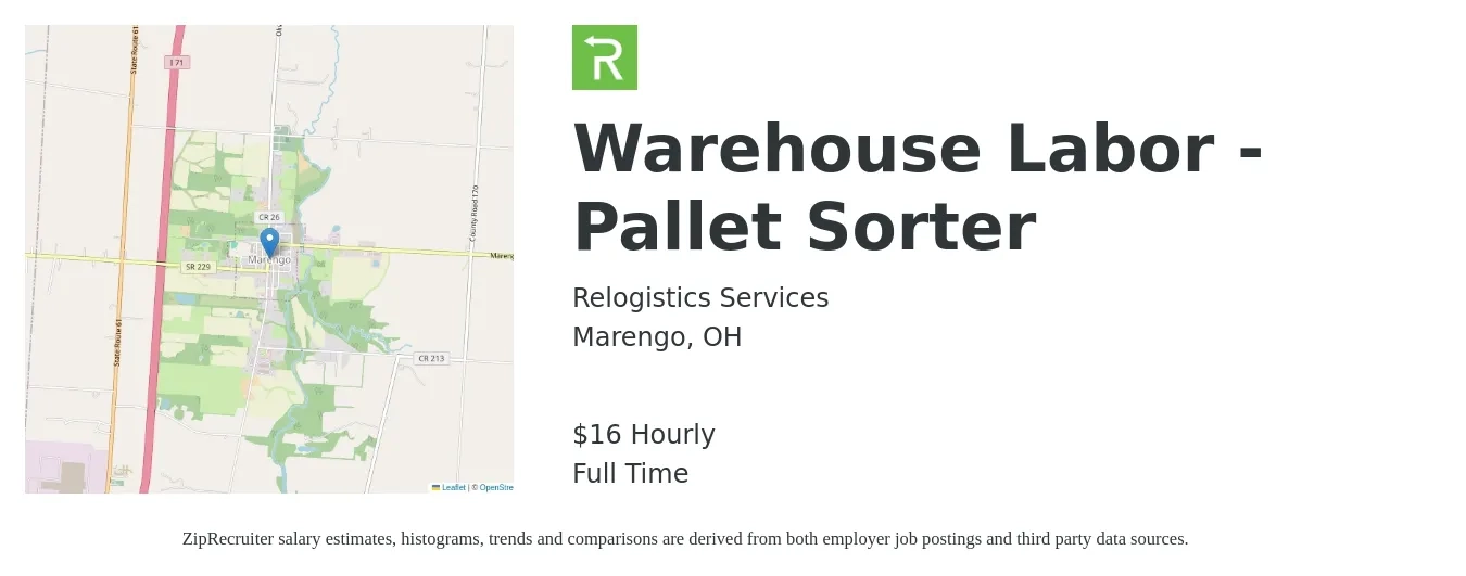 Relogistics Services job posting for a Warehouse Labor - Pallet Sorter in Marengo, OH with a salary of $17 Hourly with a map of Marengo location.