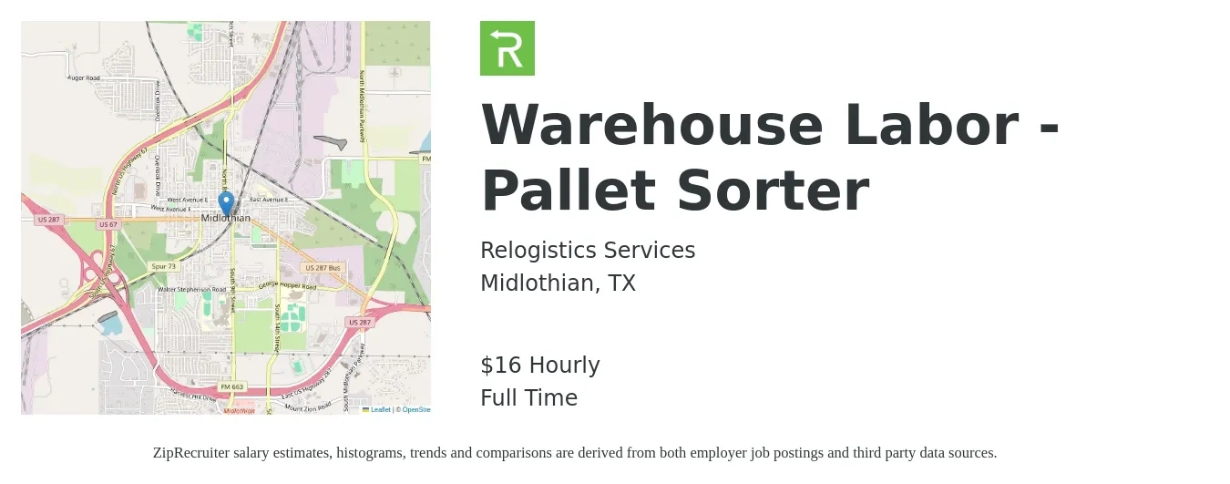 Relogistics Services job posting for a Warehouse Labor - Pallet Sorter in Midlothian, TX with a salary of $18 Hourly with a map of Midlothian location.