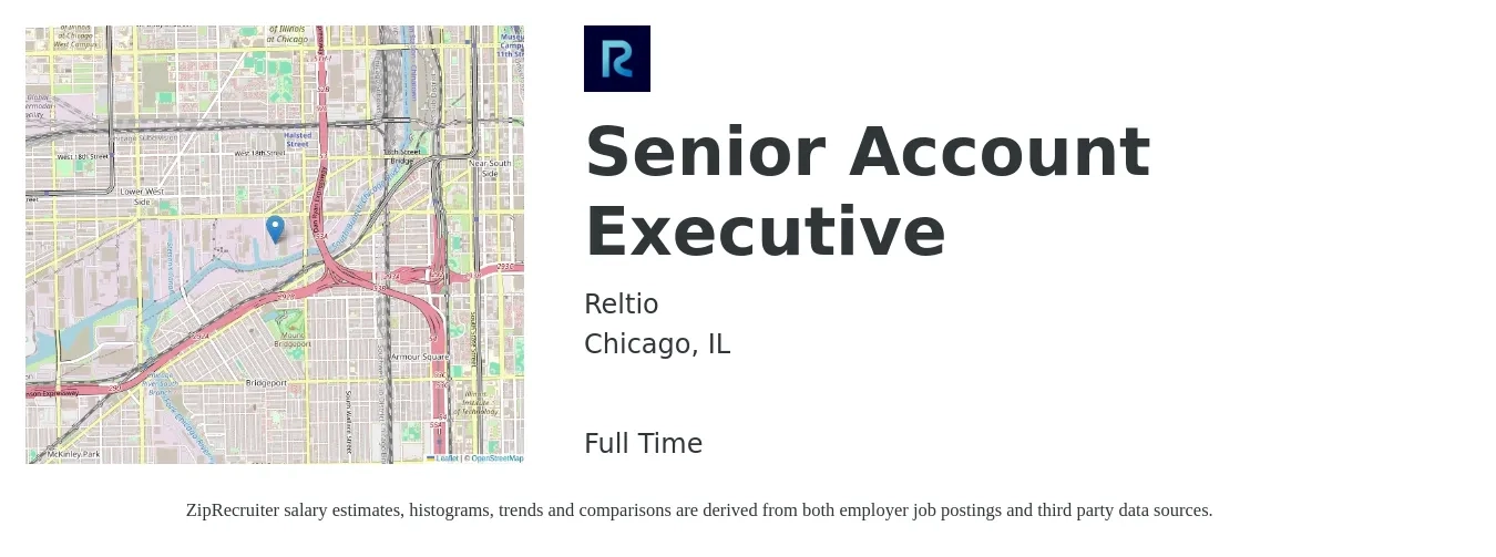 Reltio job posting for a Senior Account Executive in Chicago, IL with a salary of $79,300 to $121,600 Yearly with a map of Chicago location.
