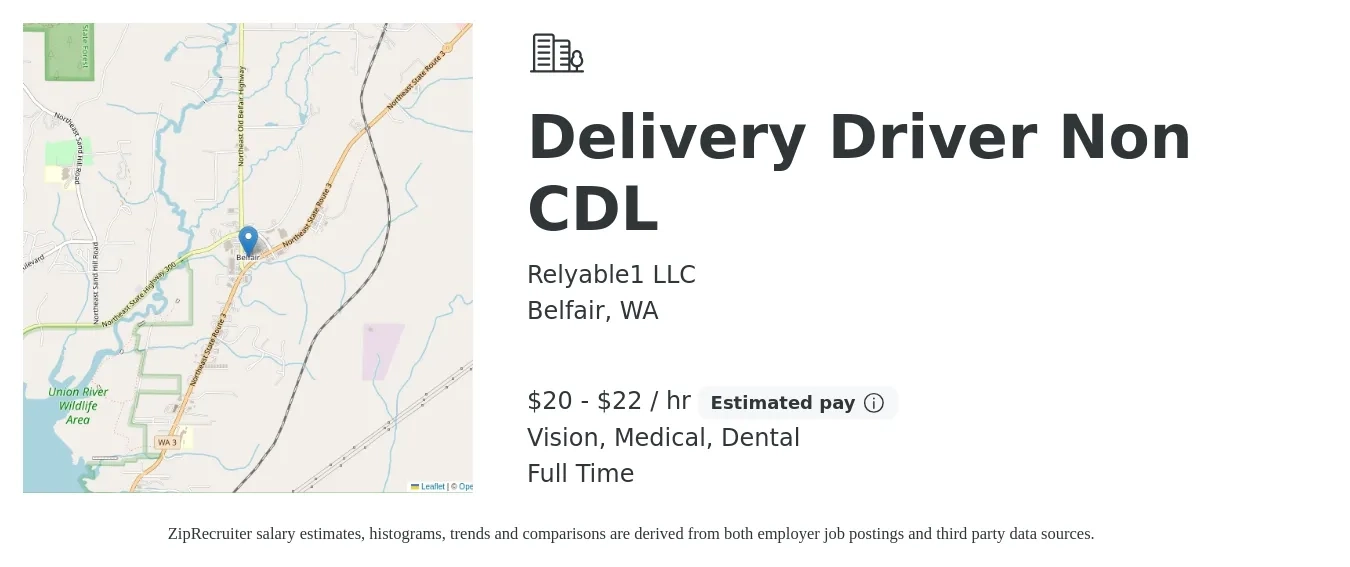 Relyable1 LLC job posting for a Delivery Driver Non CDL in Belfair, WA with a salary of $22 to $23 Hourly and benefits including medical, retirement, vision, and dental with a map of Belfair location.