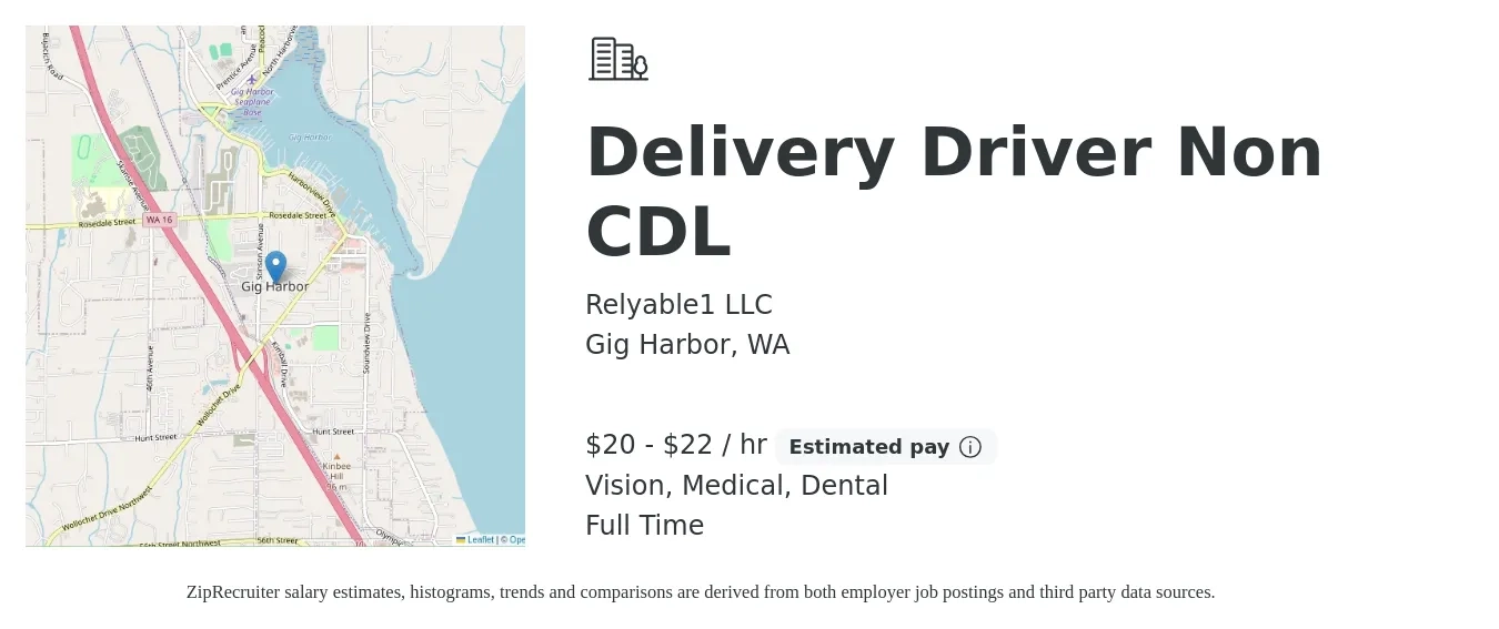 Relyable1 LLC job posting for a Delivery Driver Non CDL in Gig Harbor, WA with a salary of $22 to $23 Hourly and benefits including retirement, vision, dental, and medical with a map of Gig Harbor location.