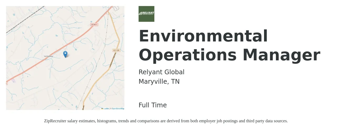 Relyant Global job posting for a Environmental Operations Manager in Maryville, TN with a salary of $57,200 to $88,500 Yearly with a map of Maryville location.
