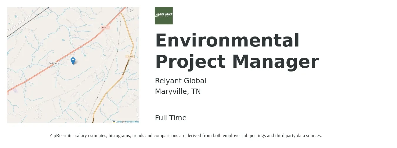 Relyant Global job posting for a Environmental Project Manager in Maryville, TN with a salary of $63,100 to $91,700 Yearly with a map of Maryville location.