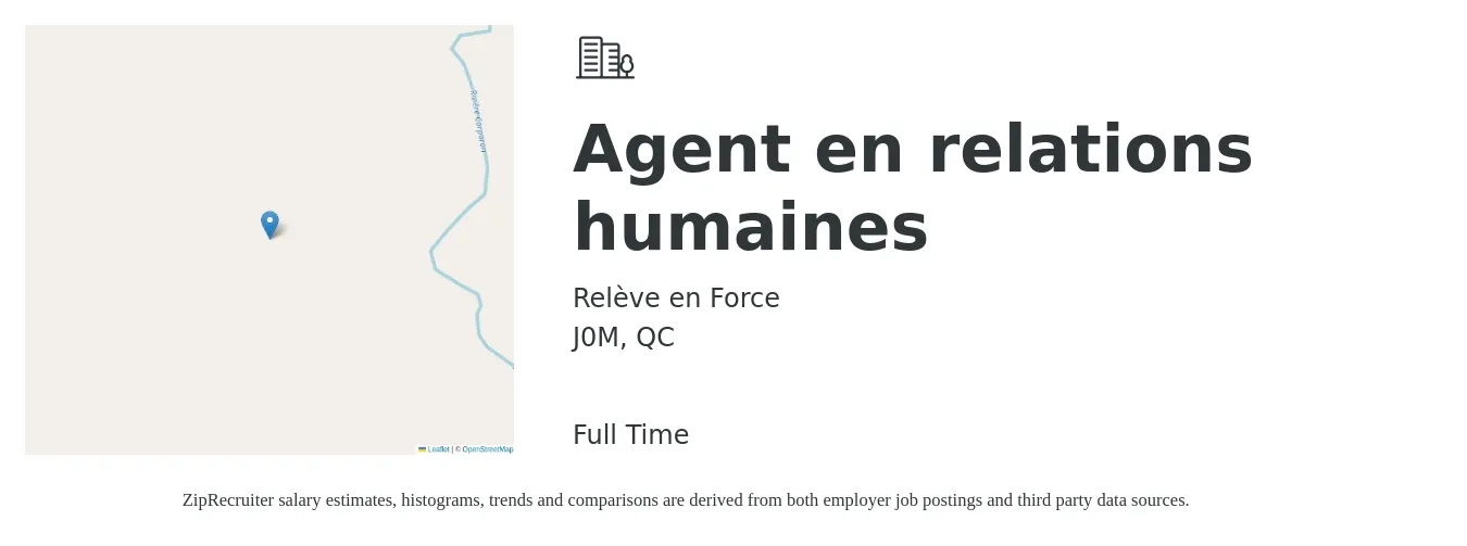 Relève en Force job posting for a Agent en relations humaines in J0M, QC with a salary of $55 to $63 Hourly and benefits including dental, life_insurance, and medical with a map of J0M location.