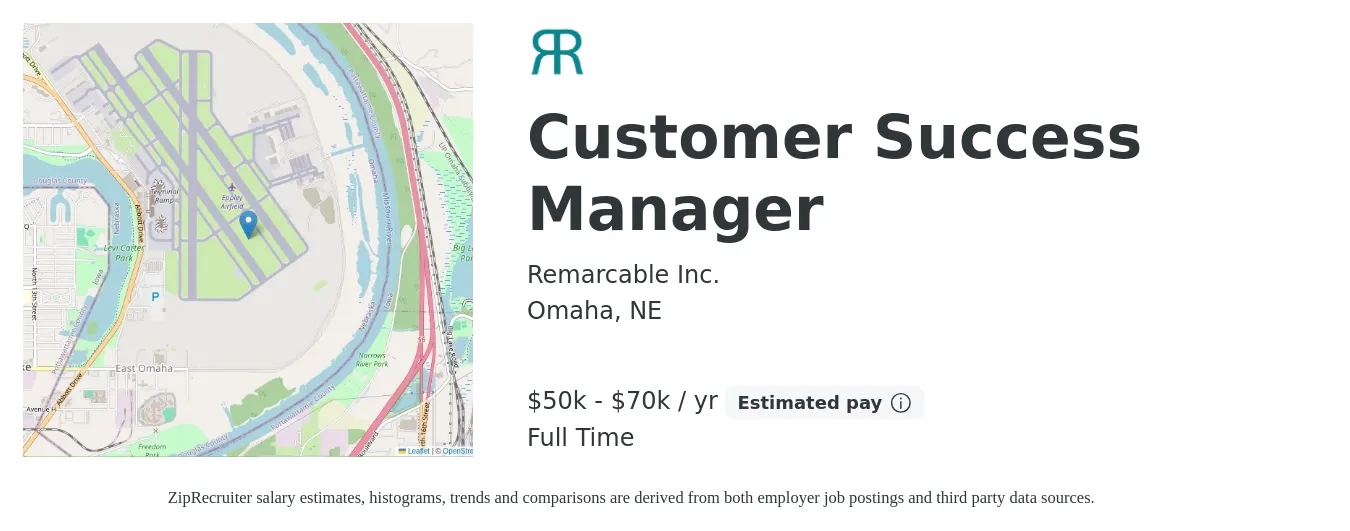 Remarcable Inc. job posting for a Customer Success Manager in Omaha, NE with a salary of $50,000 to $70,000 Yearly with a map of Omaha location.