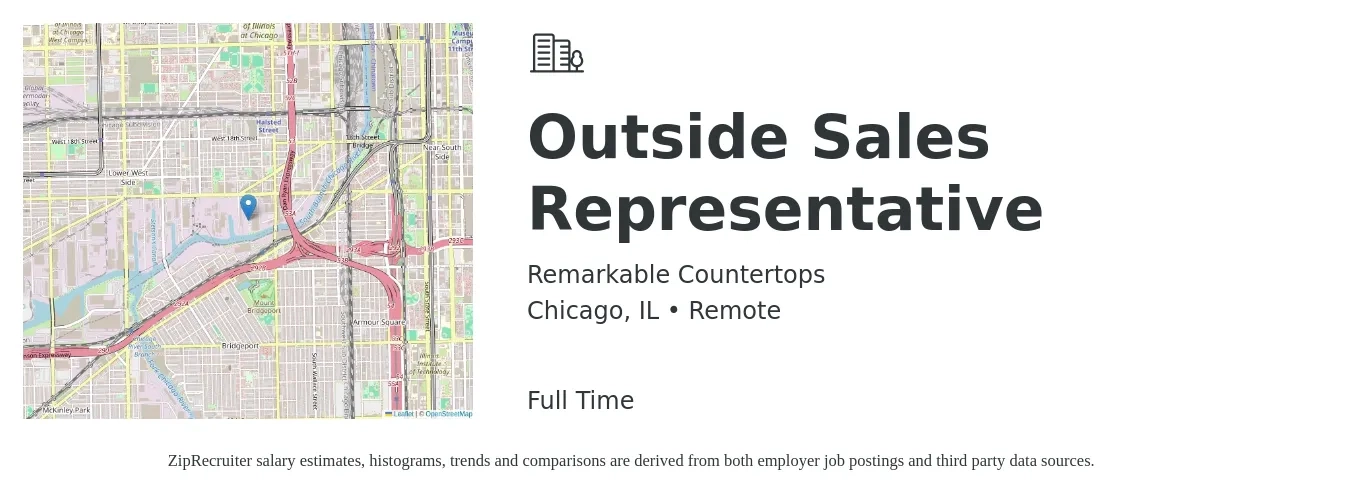 Remarkable Countertops job posting for a Outside Sales Representative in Chicago, IL with a salary of $3,000 to $10,000 Monthly (plus commission) with a map of Chicago location.