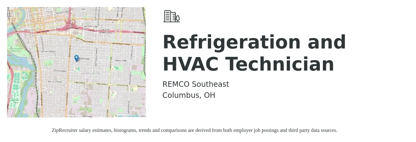 REMCO Southeast job posting for a Refrigeration and HVAC Technician in Columbus, OH with a salary of $26 to $33 Hourly with a map of Columbus location.