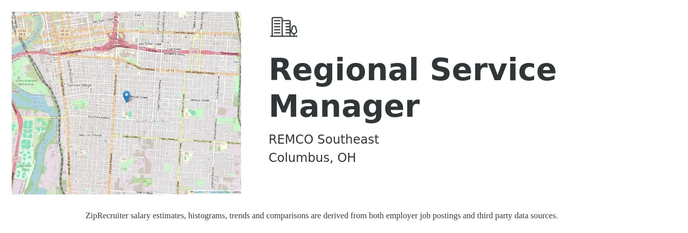 REMCO Southeast job posting for a Regional Service Manager in Columbus, OH with a salary of $55,500 to $88,400 Yearly with a map of Columbus location.