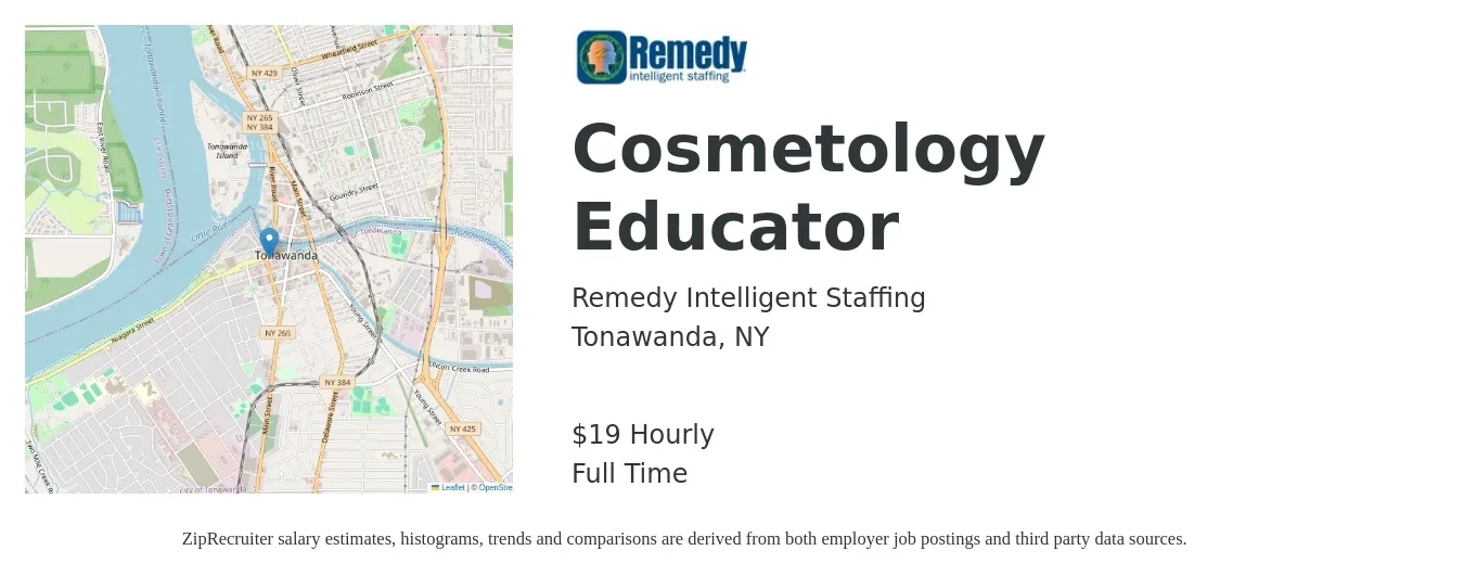 Remedy Intelligent Staffing job posting for a Cosmetology Educator in Tonawanda, NY with a salary of $20 Hourly with a map of Tonawanda location.