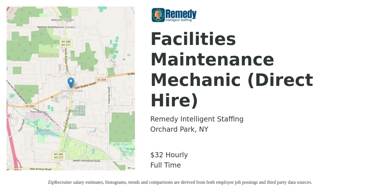 Remedy Intelligent Staffing job posting for a Facilities Maintenance Mechanic (Direct Hire) in Orchard Park, NY with a salary of $34 Hourly with a map of Orchard Park location.