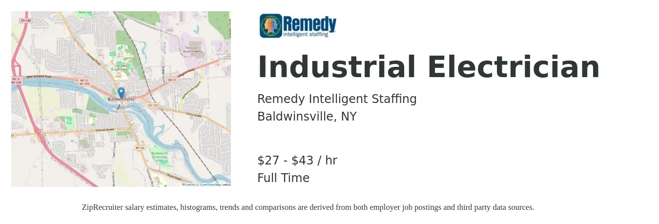 Remedy Intelligent Staffing job posting for a Industrial Electrician in Baldwinsville, NY with a salary of $29 to $45 Hourly with a map of Baldwinsville location.