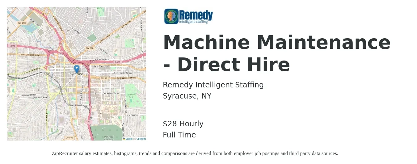 Remedy Intelligent Staffing job posting for a Machine Maintenance - Direct Hire in Syracuse, NY with a salary of $30 Hourly with a map of Syracuse location.