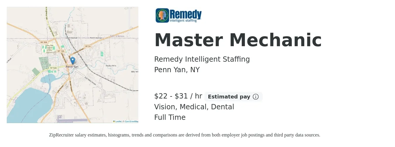 Remedy Intelligent Staffing job posting for a Master Mechanic in Penn Yan, NY with a salary of $23 to $33 Hourly and benefits including dental, medical, retirement, and vision with a map of Penn Yan location.