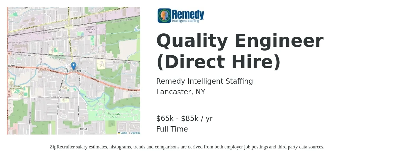 Remedy Intelligent Staffing job posting for a Quality Engineer (Direct Hire) in Lancaster, NY with a salary of $65,000 to $85,000 Yearly with a map of Lancaster location.