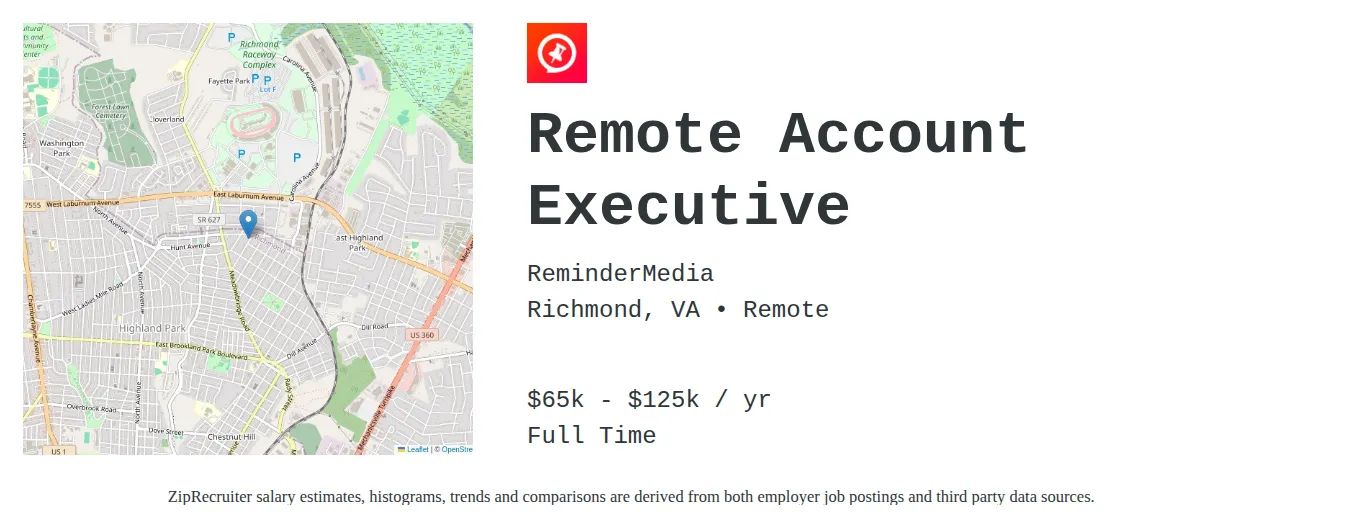 ReminderMedia job posting for a Remote Account Executive in Austin, TX with a salary of $65,000 to $125,000 Annually and benefits including Medical, Vision, Dental, PTO, and Retirement with a map of Austin location.