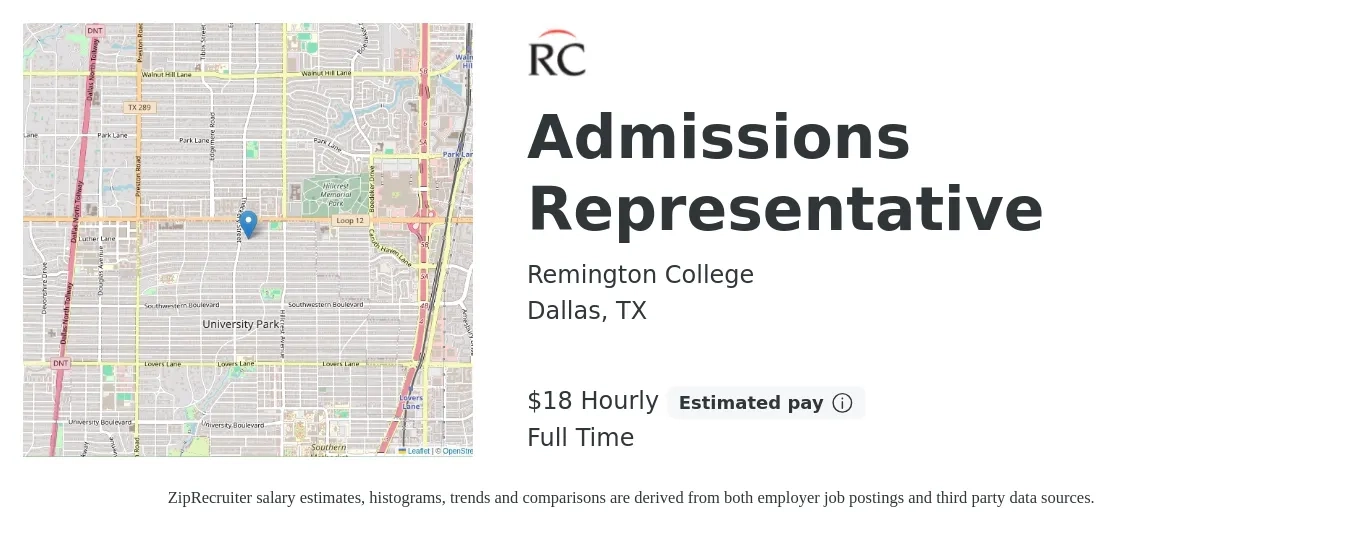 Remington College job posting for a Admissions Representative in Dallas, TX with a salary of $33,111 to $46,454 Yearly and benefits including 401k, dental, life_insurance, medical, and vision with a map of Dallas location.