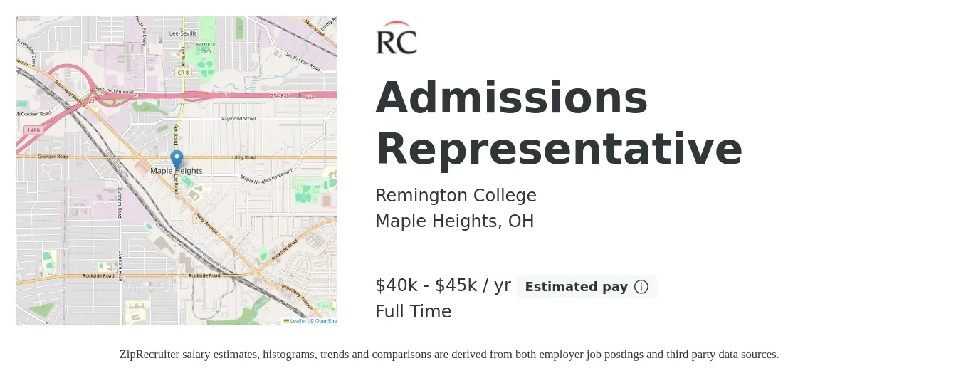 Remington College job posting for a Admissions Representative in Maple Heights, OH with a salary of $40,000 to $45,000 Yearly with a map of Maple Heights location.