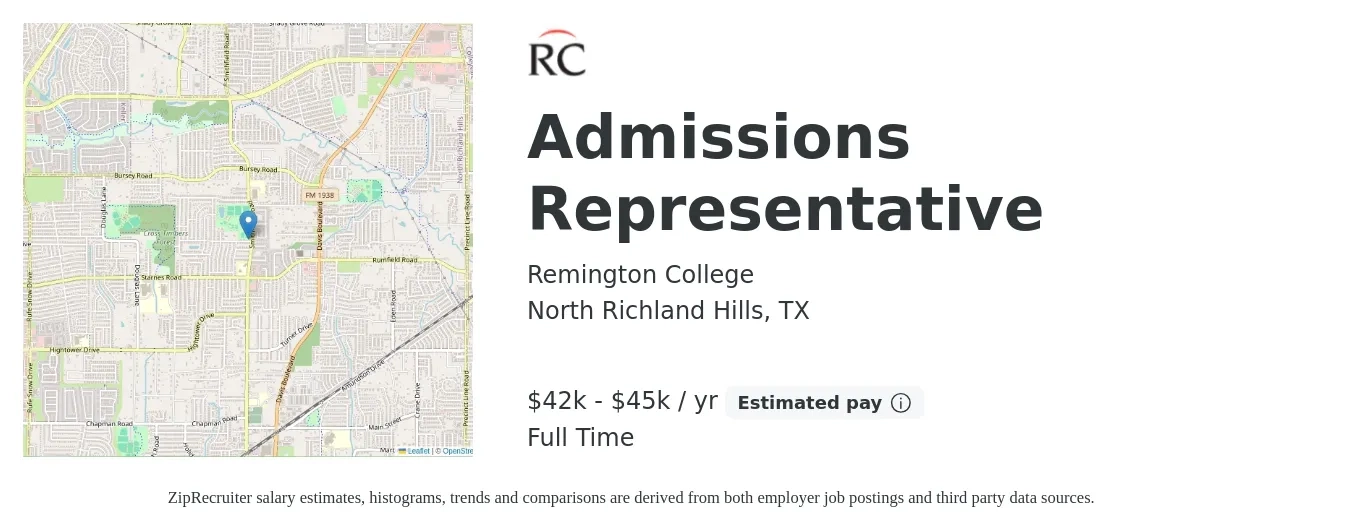 Remington College job posting for a Admissions Representative in North Richland Hills, TX with a salary of $42,000 to $45,000 Yearly with a map of North Richland Hills location.