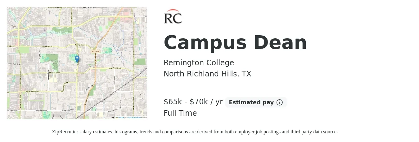 Remington College job posting for a Campus Dean in North Richland Hills, TX with a salary of $65,000 to $70,000 Yearly with a map of North Richland Hills location.