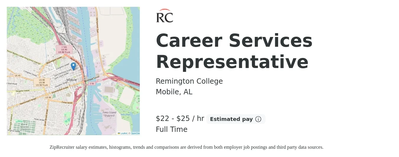 Remington College job posting for a Career Services Representative in Mobile, AL with a salary of $23 to $27 Hourly with a map of Mobile location.