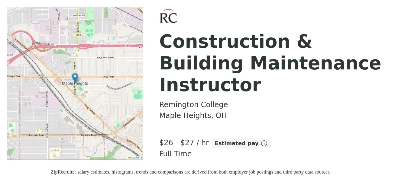 Remington College job posting for a Construction & Building Maintenance Instructor in Maple Heights, OH with a salary of $28 to $29 Hourly with a map of Maple Heights location.