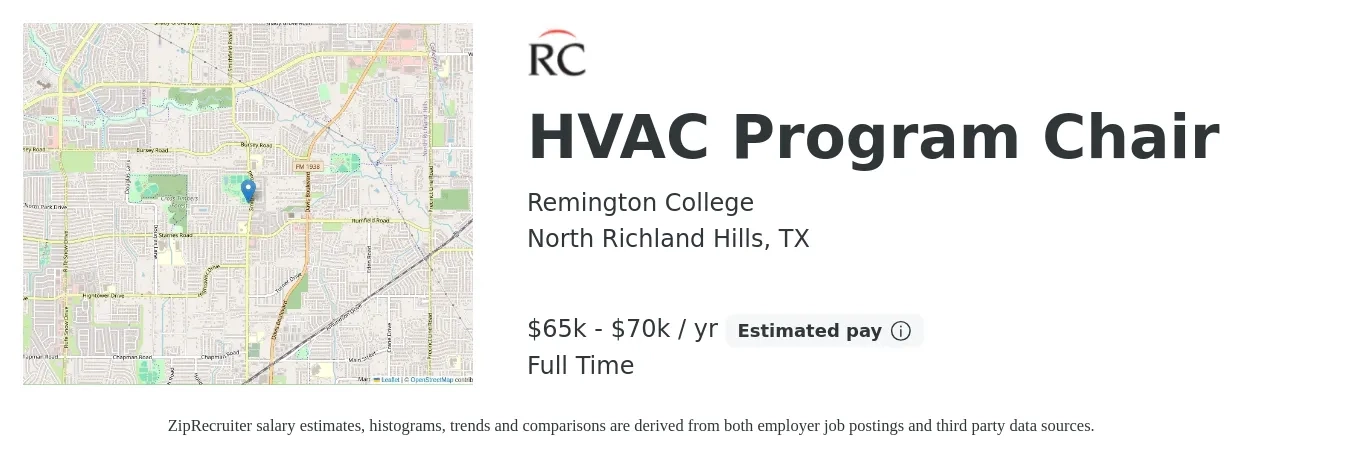 Remington College job posting for a HVAC Program Chair in North Richland Hills, TX with a salary of $65,000 to $70,000 Yearly with a map of North Richland Hills location.
