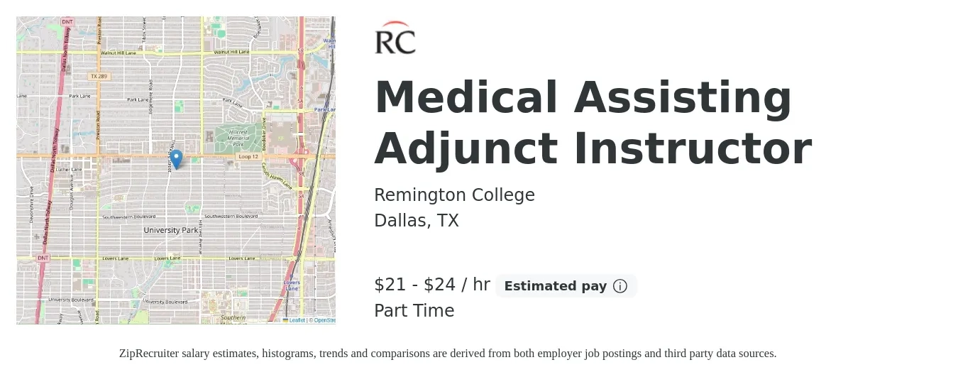 Remington College job posting for a Medical Assisting Adjunct Instructor in Dallas, TX with a salary of $22 to $25 Hourly with a map of Dallas location.