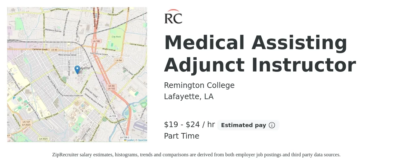 Remington College job posting for a Medical Assisting Adjunct Instructor in Lafayette, LA with a salary of $20 to $25 Hourly with a map of Lafayette location.