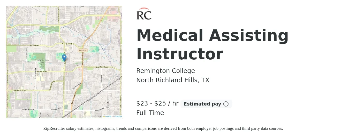 Remington College job posting for a Medical Assisting Instructor in North Richland Hills, TX with a salary of $24 to $26 Hourly with a map of North Richland Hills location.