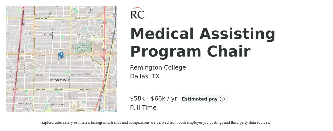 Remington College job posting for a Medical Assisting Program Chair in Dallas, TX with a salary of $58,000 to $66,000 Yearly with a map of Dallas location.