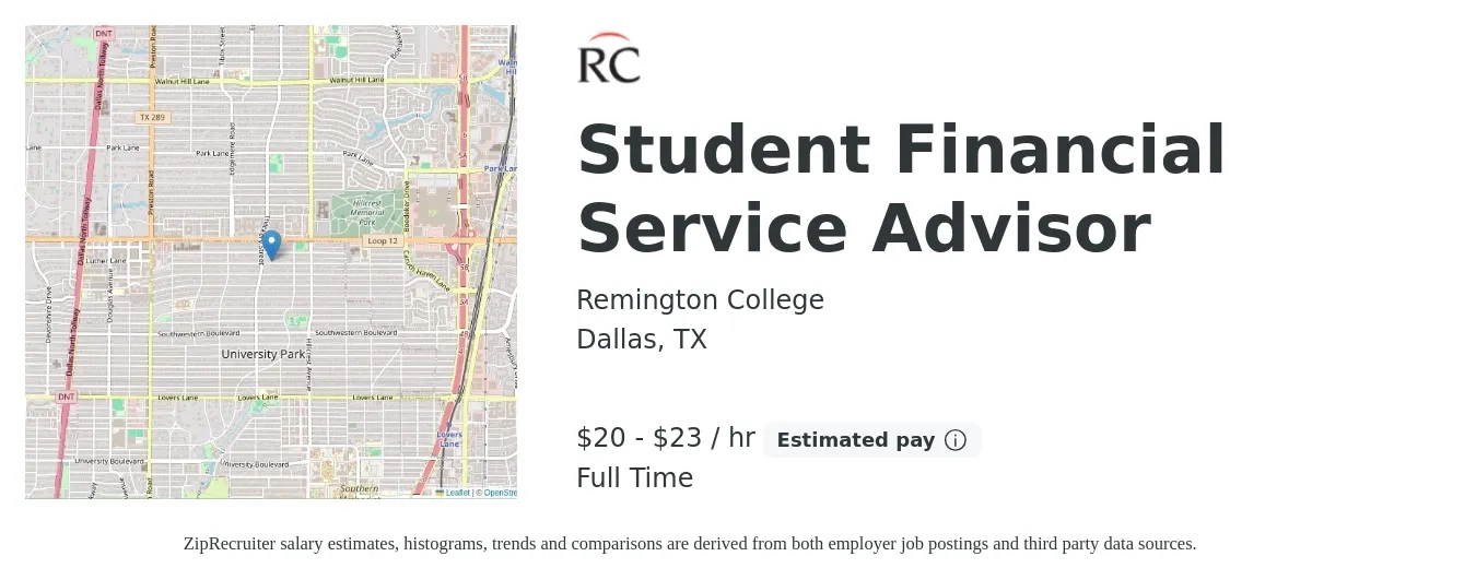 Remington College job posting for a Student Financial Service Advisor in Dallas, TX with a salary of $21 to $24 Hourly with a map of Dallas location.