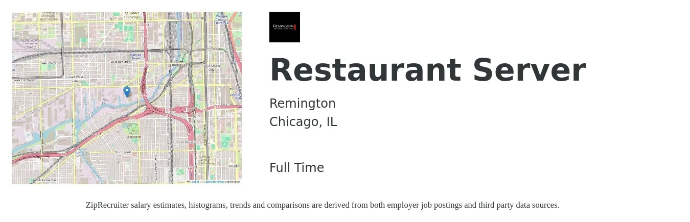Remington job posting for a Restaurant Server in Chicago, IL with a salary of $10 to $16 Hourly with a map of Chicago location.