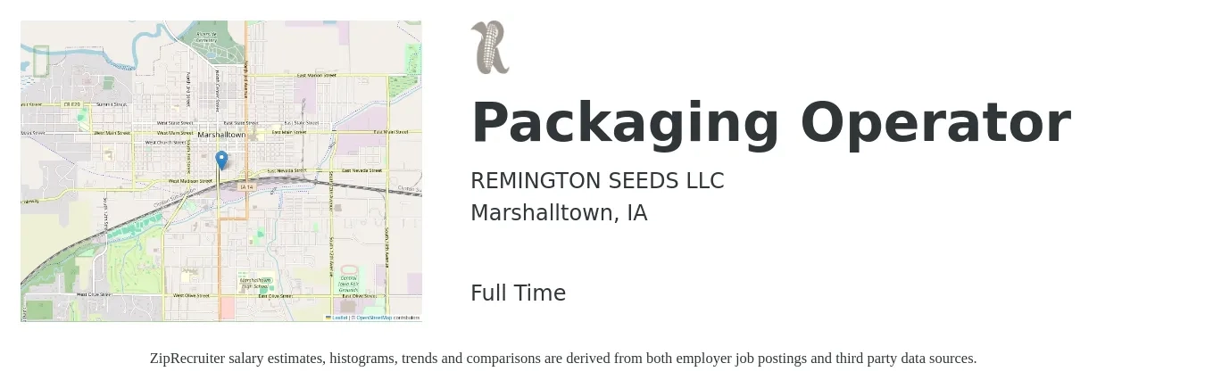 REMINGTON SEEDS LLC job posting for a Packaging Operator in Marshalltown, IA with a salary of $16 to $19 Hourly with a map of Marshalltown location.