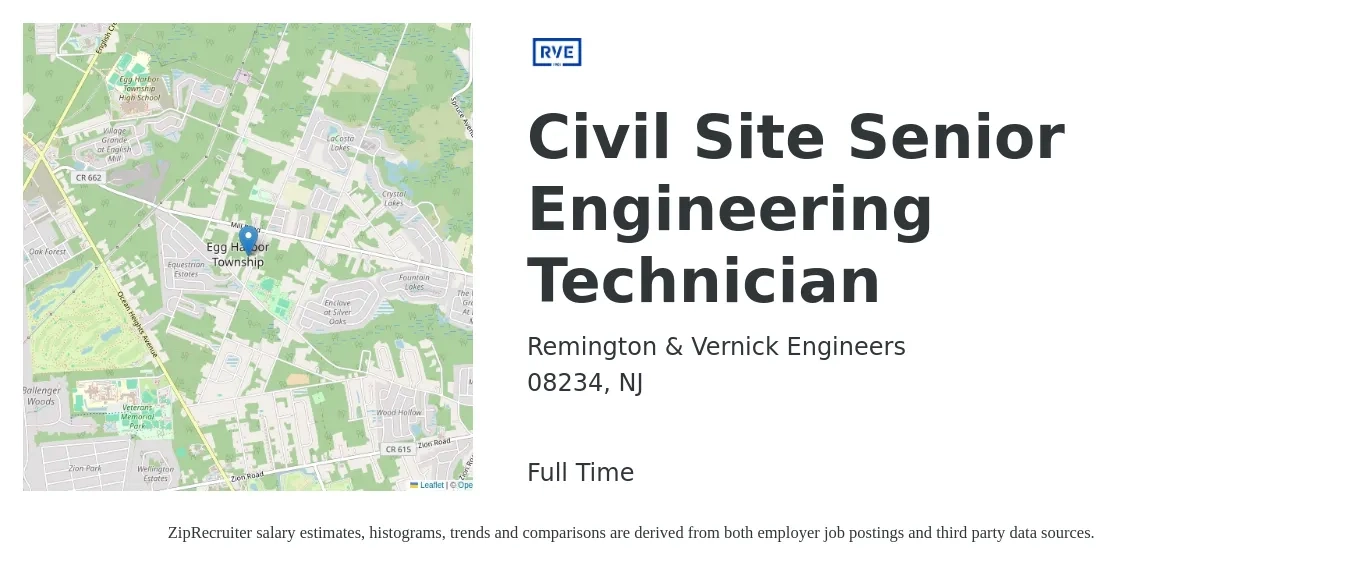 Remington & Vernick Engineers job posting for a Civil Site Senior Engineering Technician in 08234, NJ with a salary of $84,600 to $125,900 Yearly with a map of 08234 location.