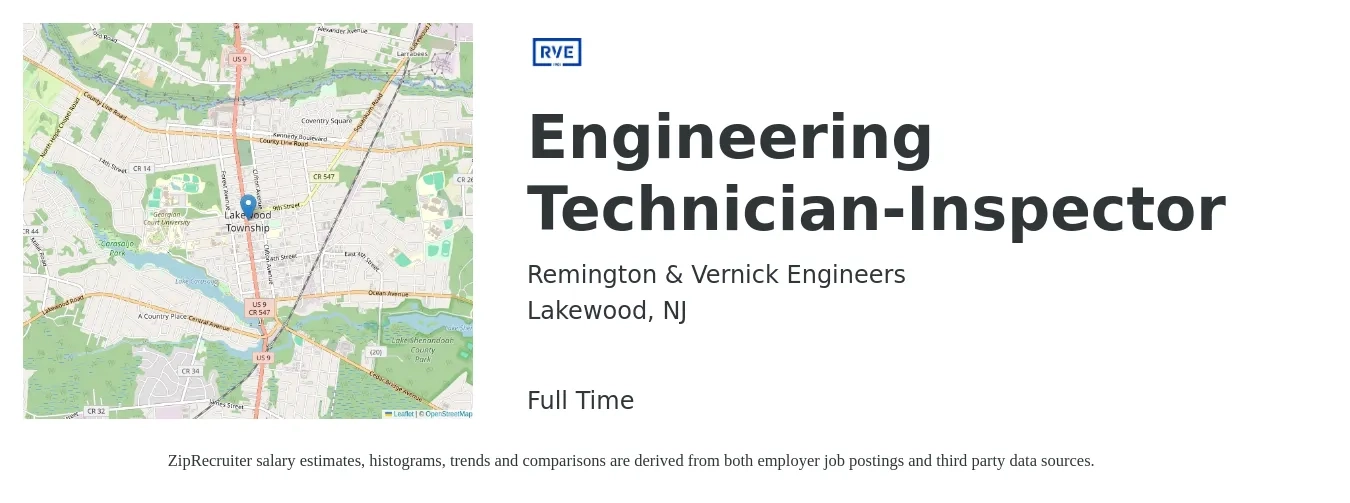 Remington & Vernick Engineers job posting for a Engineering Technician-Inspector in Lakewood, NJ with a salary of $51,300 to $69,000 Yearly with a map of Lakewood location.