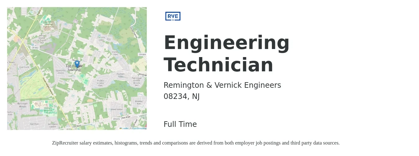 Remington & Vernick Engineers job posting for a Engineering Technician in 08234, NJ with a salary of $46,200 to $70,800 Yearly with a map of 08234 location.
