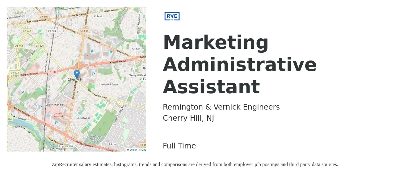 Remington & Vernick Engineers job posting for a Marketing Administrative Assistant in Cherry Hill, NJ with a salary of $19 to $25 Hourly with a map of Cherry Hill location.