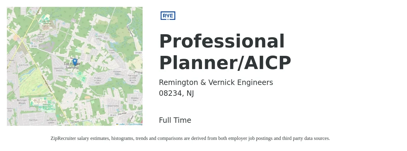 Remington & Vernick Engineers job posting for a Professional Planner/AICP in 08234, NJ with a salary of $53,100 to $79,600 Yearly with a map of 08234 location.